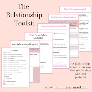 Puede incluir: Una guía imprimible rosa y blanca titulada "The Relationship Toolkit" con secciones sobre "Los lenguajes de amor de tu pareja", "Tu plan de relación", "Habilidades esenciales para la relación", "El banco de relaciones" y "Por qué eres un gran compañero". La guía incluye una tabla de contenido, definiciones de colores clave y una dirección de sitio web.