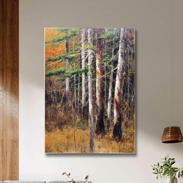 Original Green Forest Painting On Canvas 3D Abstract Textured Wall Art Skyward View Trees Art Living Room Art Natural Scenery Painting