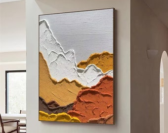 Original 3D Framed Plaster Style Terracotta Textured Wall Art Wabi-Sabi Mountain Painting Burned Orange Living Room Decor Boho Modern Canvas