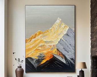 Original 3D Gold Mountain Painting on Canvas Framed Plaster Style Textured Wall Art Gray Wabi-Sabi Living Room Decor Boho Modern Canvas
