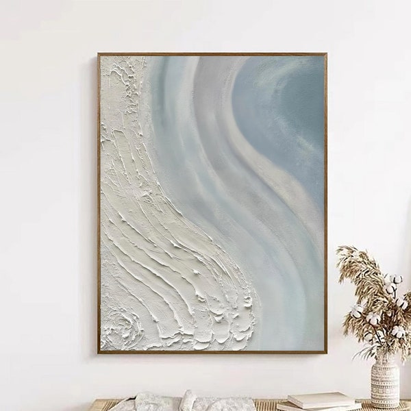 Blue White Ocean Beach Abstract Painting White Sea Wave Textured Art Light Blue Seascape Original Painting Framed wall art Large Wall Decor