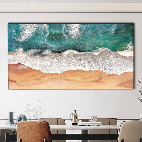 Large 3D Textured Coastal Wall Art Sea Acrylic Painting Abstract Ocean Wall Art Framed Green Beach Painting Beach Canvas Painting Wall Decor