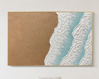 Pintura de playa minimalista blanca 3D, arte de pared texturizado, pintura de olas oceánicas sobre lienzo, arte de pared Wabi-Sabi, pintura para sala de estar, decoración de moda