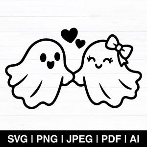 May include: A black and white graphic illustration of two cartoon ghosts holding hands. The ghost on the left has a simple face, while the ghost on the right features a bow on its head and eyelashes. Two small hearts float above them.