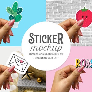 May include: A sticker mockup with four different designs. The designs include a potted plant, a strawberry with a smiley face, a letter with a heart, and the word "ROAST" in colorful letters.