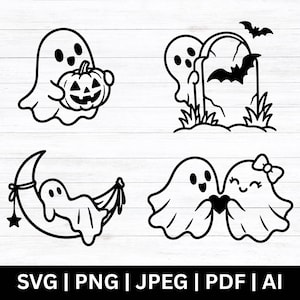 May include: A set of four black and white line art illustrations featuring ghosts. One ghost holds a jack-o'-lantern, another stands by a tombstone with bats, one rests on a crescent moon, and two ghosts hold a heart. Text at the bottom reads SVG | PNG | JPEG | PDF | AI.