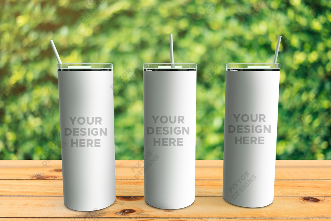 20 oz Skinny Stainless Steel Tumbler Mockup Full Wrap View