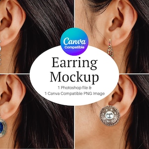 May include: Four images of a woman's ear with different earrings. The earrings are silver, gold, and red. The images are for a mockup to show how earrings would look on a person.