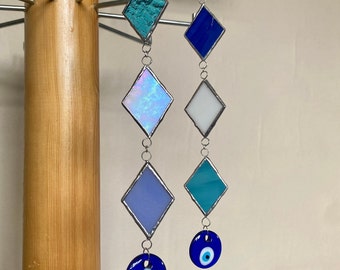 Stained Glass Wall Hanging / Good Luck Charm House Protection Fused Glass Evil Eye Suncatcher Good Fortune New Job Blue Geometric Diamond