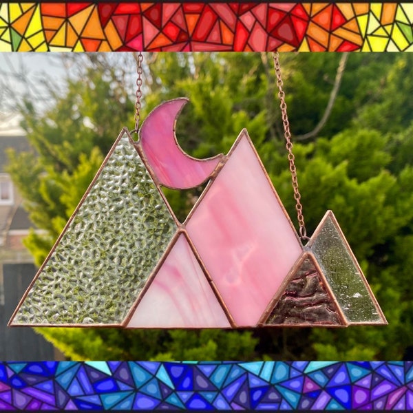 Stained Glass Mountain Suncatcher / Pink and Copper Wall Decoration Moon Window Hangings Iridescent Art Pyramid Geometric Sacred Geometry