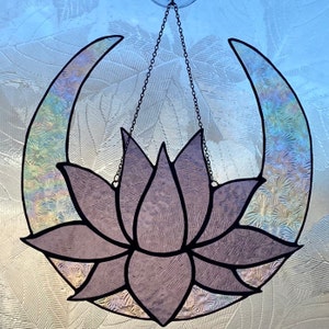 Stained Glass Lotus Moon Wall Hanging / Bohemian Room Decoration Crescent Moon Phase Dreamcatcher Spiritual Symbols Lunar Flower Suncatcher