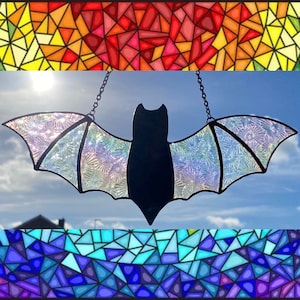 Stained Glass Bat Suncatcher / Rainbow Bat Stained Glass Window Hangings Halloween Decoration Gothic Wall Decor Iridescent Vampire Goth Home