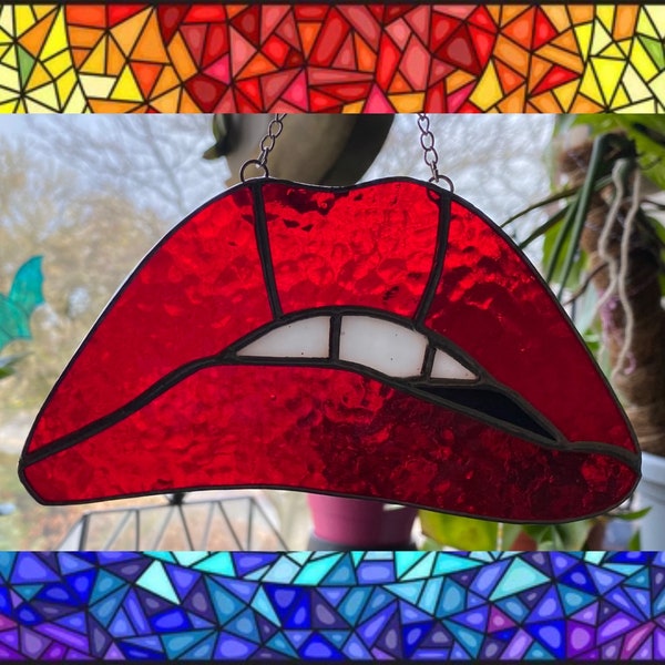 Stained Glass Rocky Horror Picture Show Suncatcher / Iconic Red Lips Window Art RHPS Inspired Wall Decoration Tim Curry Time Warp Cult Film