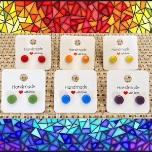 Fused Glass Stud Earrings / Bright Coloured Circle Studs Iridescent Glass Earrings Simple Colourful Everyday Jewellery Bold Tiny Dot Stud