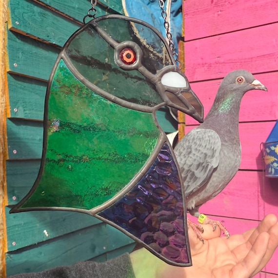 Iridescent Stained Glass Pigeon Suncatcher, Bird Watcher Gifts, Nature Window Hanging, Cute Feral Pigeon Portrait, Quirky UK Garden Bird Art