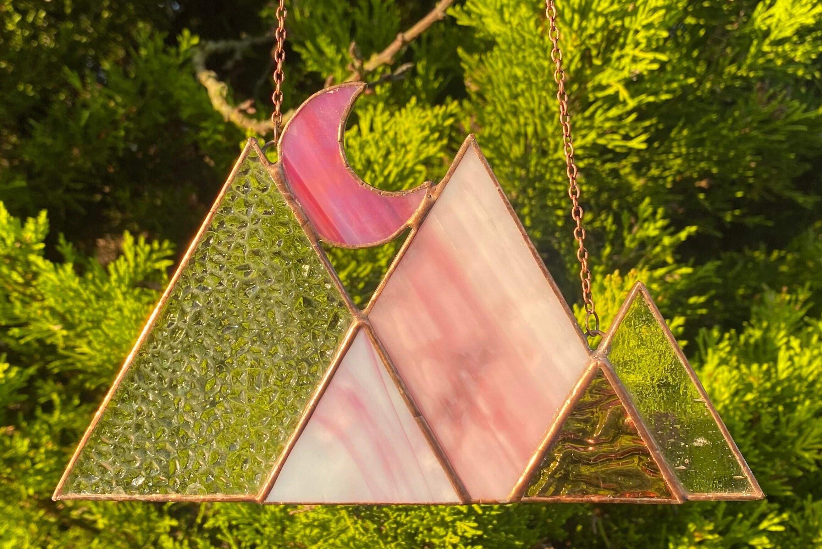 Stained Glass Mountain Suncatcher / Pink and Copper Wall Etsy