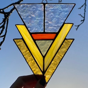 Geometric Stained Glass Suncatcher Window Hanging / Stained Glass Wall Decoration Vintage Housewarming Gifts Yellow Art Deco Home Decor