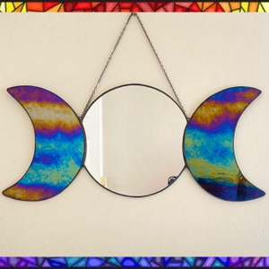 Stained Glass Triple Moon Wall Mirror / Witchy Home Aesthetic Rainbow Iridescent Mirror for Bedroom Spooky Handmade Gothic Magic Moon Art