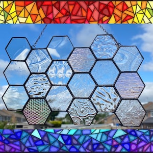Clear Stained Glass Honeycomb Suncatcher / Bumble Bee Window Hanging Decoration for Wall Cute Handmade Anniversary Gift Copper Silver Black
