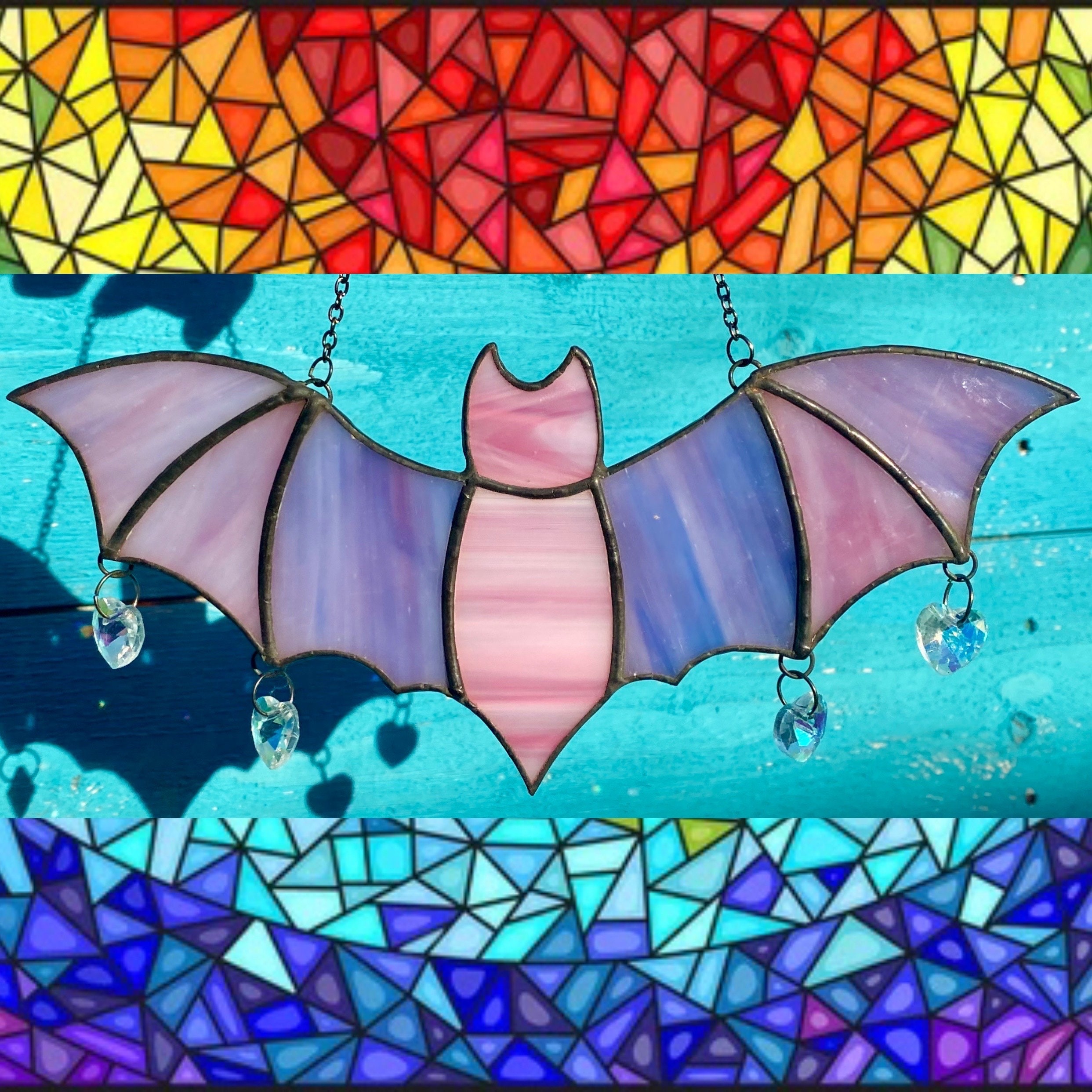 Vitral bat suncatcher/goth vitral decoração de parede de cristal rosa bruxa decoração de parede pastel goth presentes dicroic janela pendurado