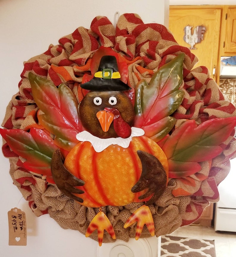 Metal turkey Thanksgiving Fall Turkey wreath Tom Turkey front door wreath Burlap wreath