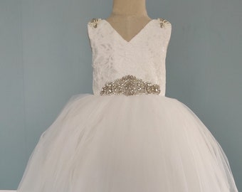 Floor length Flower Girl Dress with Rhinestone Beading