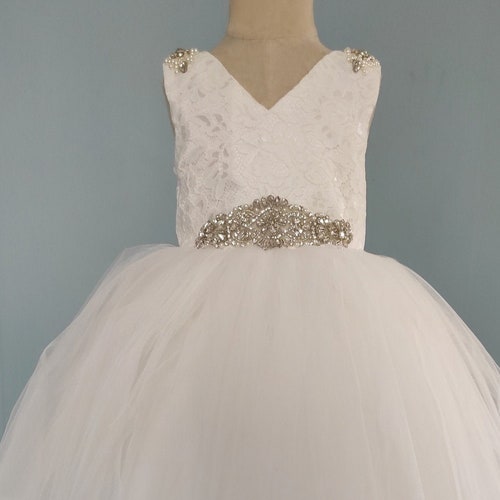 Ball Gown Long Sleeves Floor Length Flower Girl Party Dress with Rhinestone Appliques