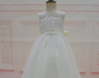 Ivory Lace tulle Flower Girl Dress with satin sash