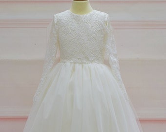 Long Sleeves Flower Girl Dress with Big Lace bow