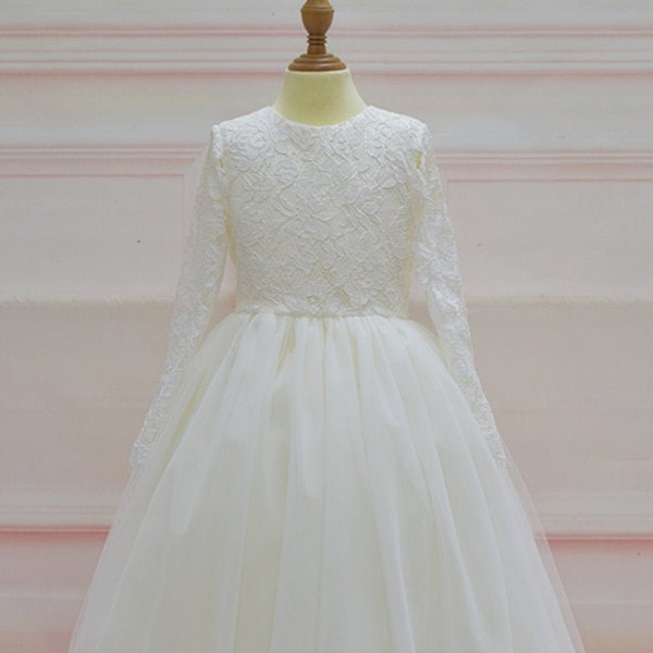 Long Sleeves Flower Girl Dress with Big Lace bow