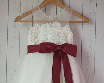 Ivory Lace tulle Flower Girl Dress with satin burgundy sash