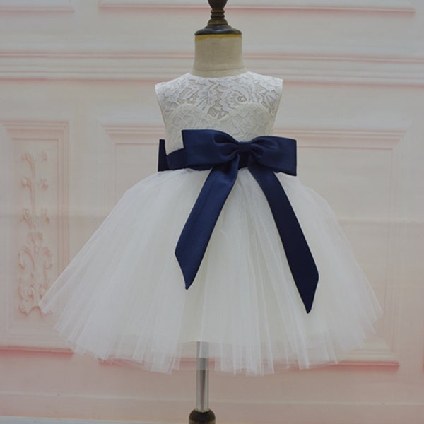 Flower Girl Dress with navy blue sash and bows