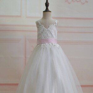 Long Lace tulle Flower Girl Dress with satin pink sash