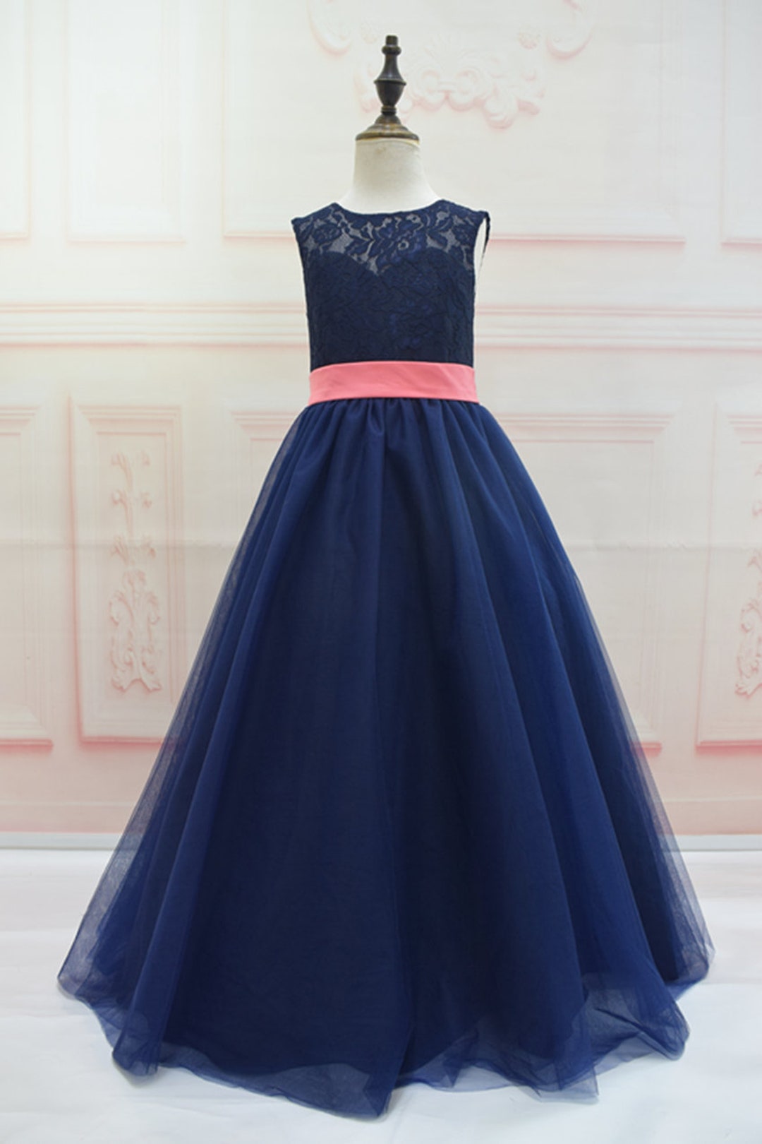 Navy Blue Tulle Lace Bowknot Sash Flower Girl Dresses, Lovely Tutu Dresses, FGS011