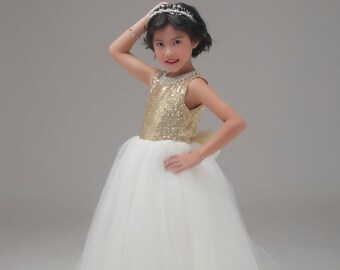Gold Sequin Ivory Tulle  Flower Girl Dress