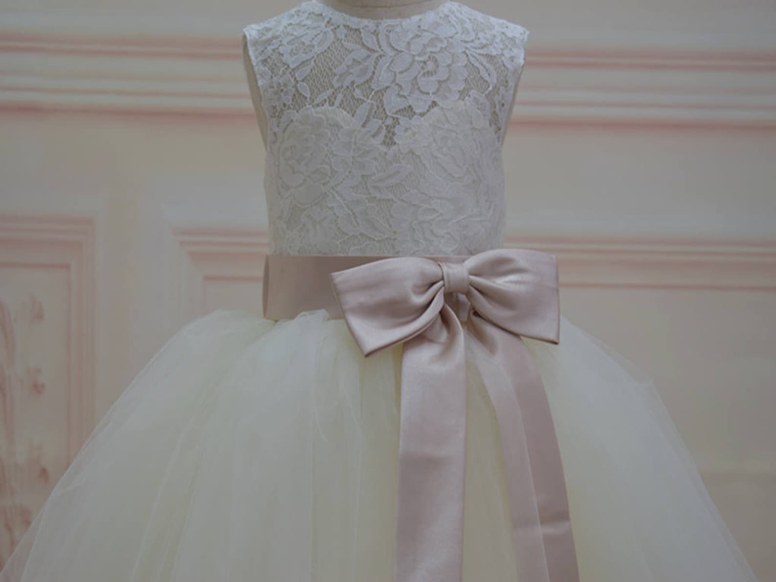Ivory Cute Lace Tulle Flower Girl Dresses, V-back Cap Sleeve Little Girl Dresses, FG054 main image 1