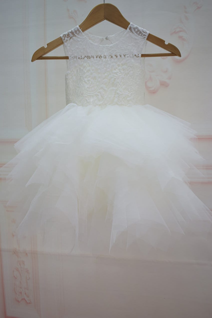 V-neck Ivory Tulle Appliques A-lone Long Little Girl Dresses, Lovely Flower Girl Dresses, FG065