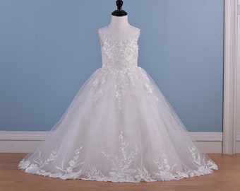 Ivory Lace Tulle Flower Girl dress ,V Back Wedding Flower Girl Dress , Ivory tulle skirt in floor length with a small train