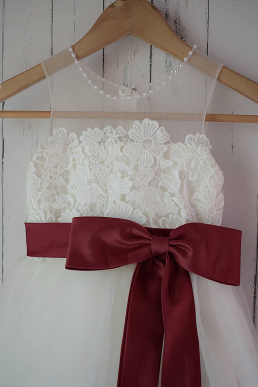 Round Neck Cute Ivory Tulle Long Flower Girl dress With Lace