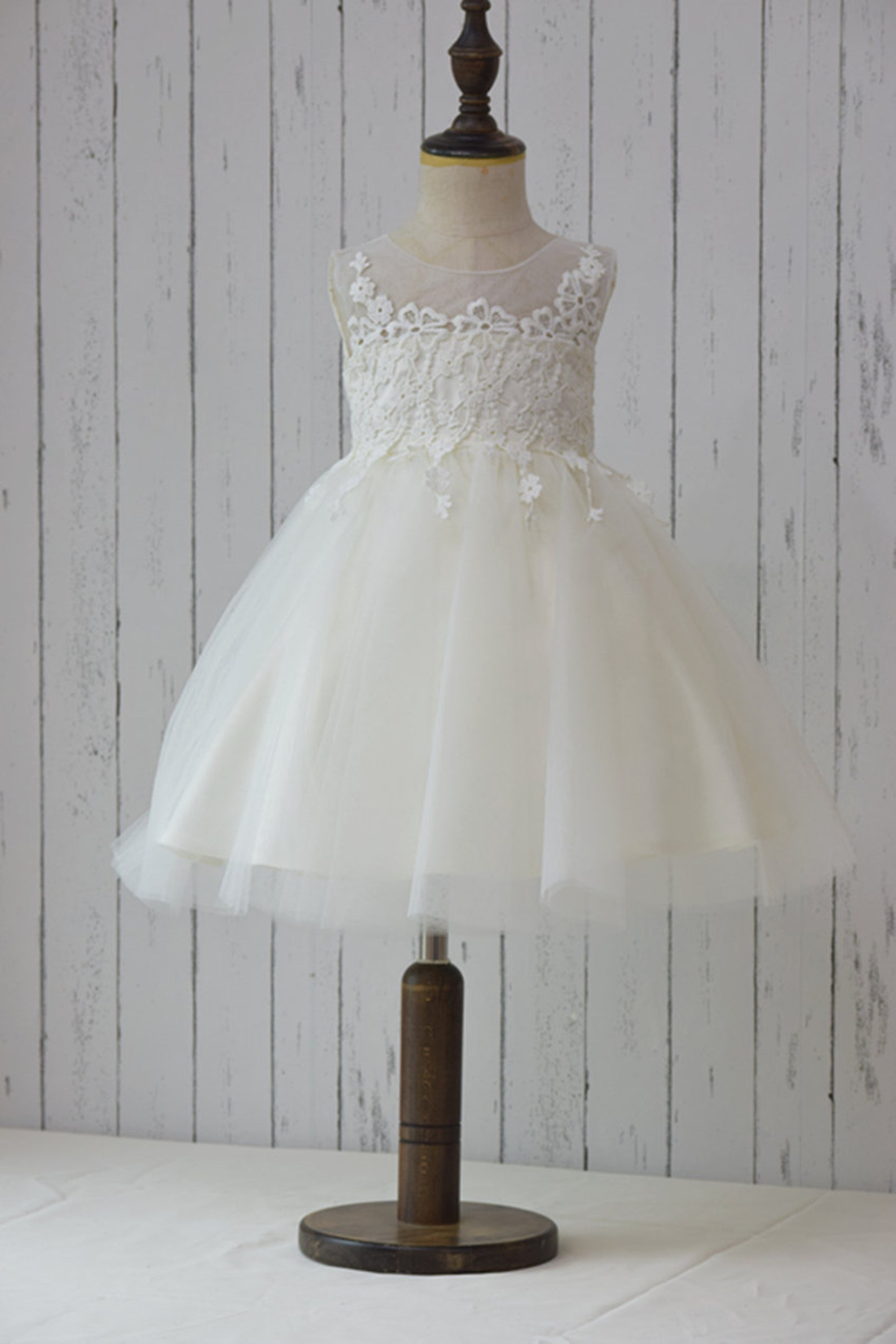 Light Ivory 3D Floral Organza Flower Girl Dress with Bow main image 1