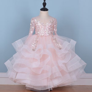 Vestido de niña de flores rosa melocotón, mangas largas de cristal de encaje de cuentas de tul vestido de cumpleaños.  crin de caballo Vestido de novia Flower Girl