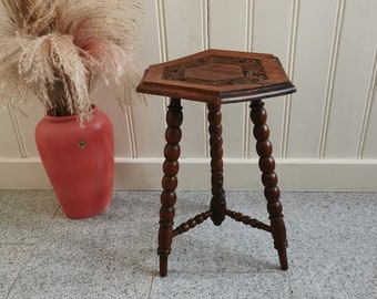 19th Century Antique English Oak Stool Victorian Style Carved Wood Bobbin Stool, Side Table Three Leg Table Plant Table, occasional table