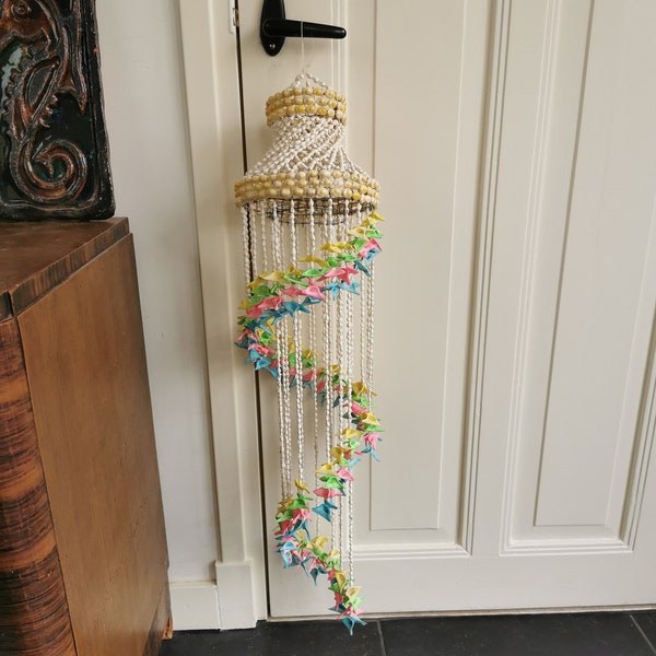 Vintage large Stairway Seashell Chandelier blue, Pink, Lime and yellow . Shell Wind Chime, Shell Art Mobile, Beach Decor. Gift Beach Lovers