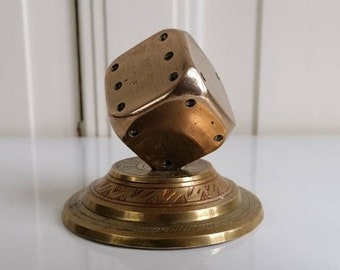 Antique 1920s art deco BRASS dice CUBE desktop, paper weight on foot. Heavy, Numbered and marked.