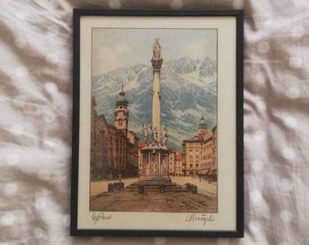 Original etching by Ludwig BÜRGEL, Innsbruck Annasäule. Signed and numbered. Color etching 20 x 14 cm. Farbradierung. Handsigniert.