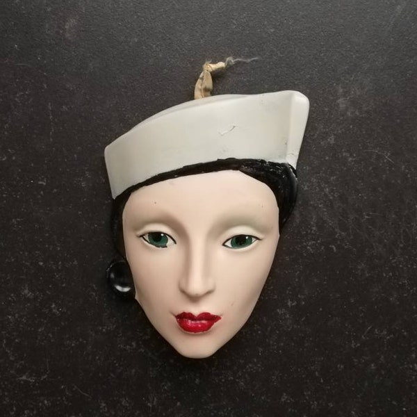 WWII What a lovely 40s 50s vintage wall mask of a woman, sailor, pilot or stewardess. Repainted. 350 grams. Ceramic. 3D  20 x 16 cm