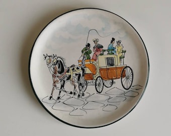 ITALIAN wall plate Vintage 50s Horse Driven Carriage Wall Plate. 18.5cm Diameter. Hand Painted, Italy. Marked and numbered.