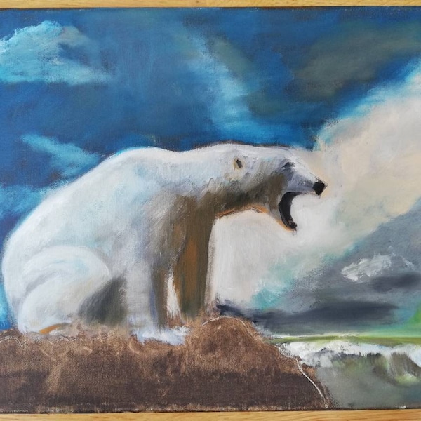 Beautiful painting Polar Bear, Wildlife Art. Signed by artist, 30 x 40 cm. Acrylic paint on canvas, 80's made in Belgium.