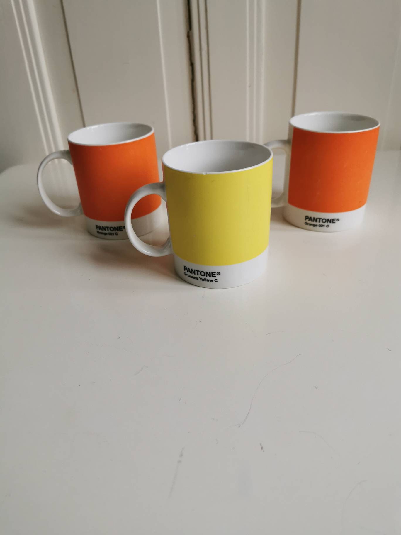 Set of 3 PANTONE Coffee Mugs 1 Process Yellow C and 2 Orange 021 C.  Copenhagen Design. Mugs for an Artist. in a Good Vintage Condition. 