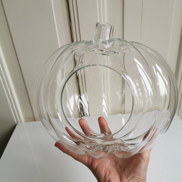 Large vintage glass pumpkin in great condition. Decorate on trend! Makes a great Cookie jar, candle holder or planter. H 26 x W 26 cm